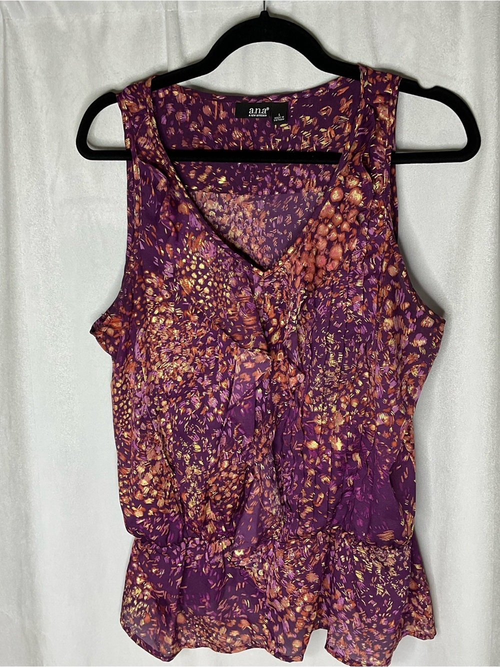 a.n.a Ruffle Front Top Purple Sleeveless Waterfall V Neck Blouse Top Size Large